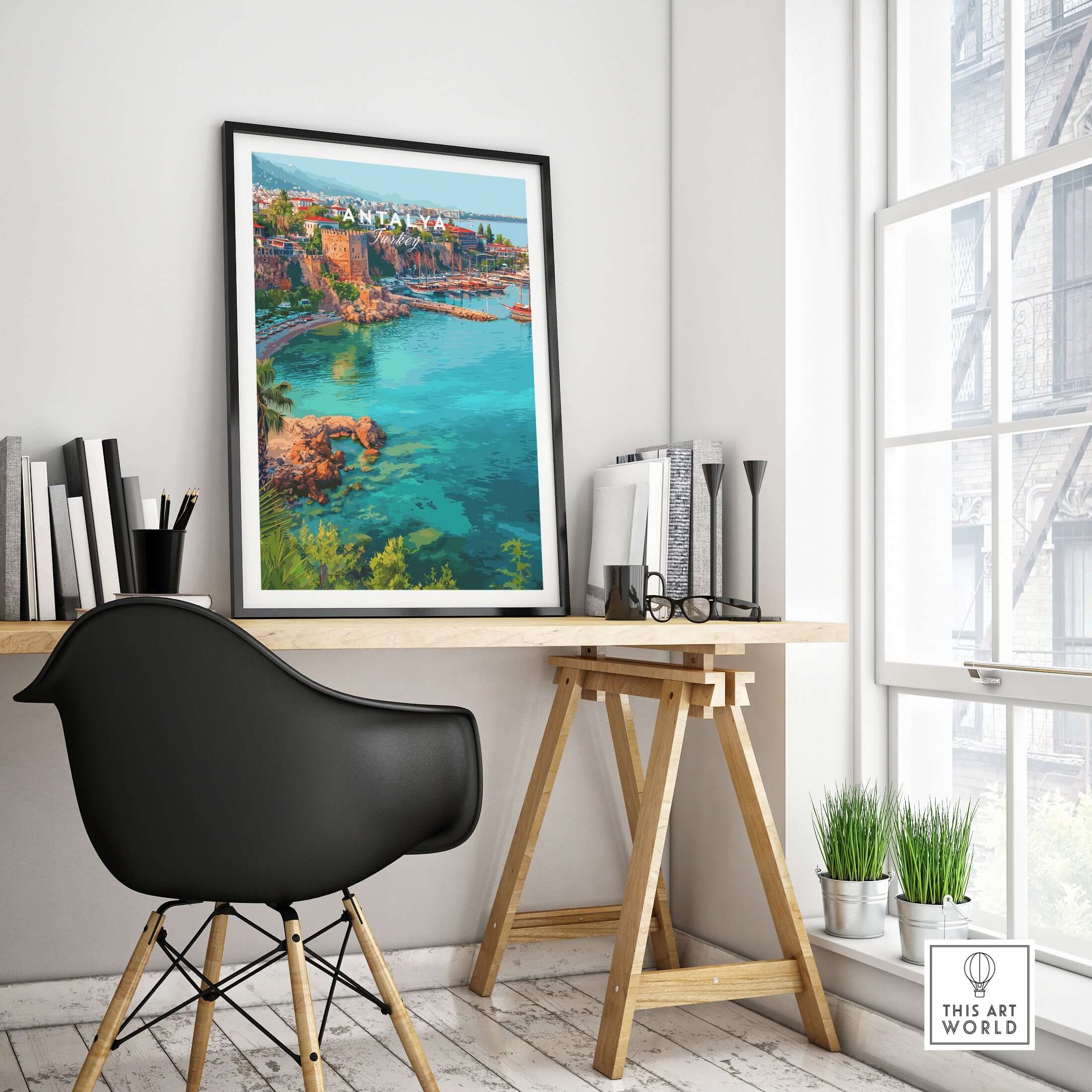 Antalya Marina and Red Tower Canvas Print | Turkish Coastal Wall Decor displayed in a modern workspace with a stylish chair.