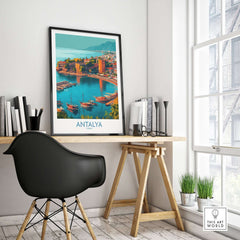 Antalya Turkey Kaleci Port Art Print | Historic Red Tower Poster displayed in modern workspace setting.