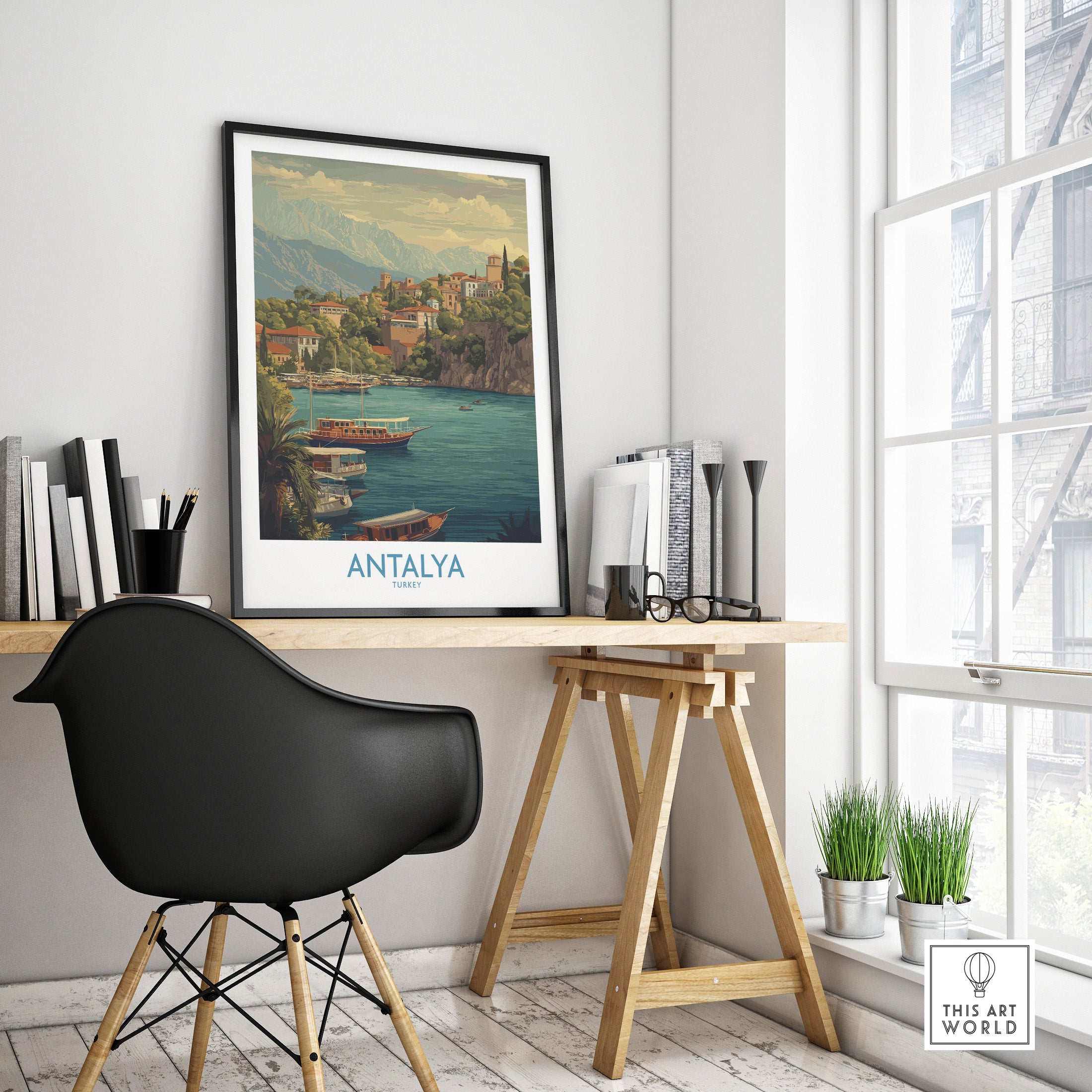 Antalya Turkey Harbour Cliff Art Print | Taurus Mountains View Poster in a modern workspace setting.