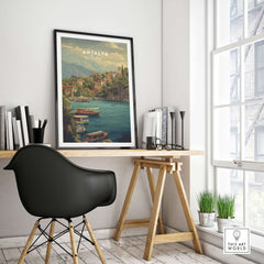 Antalya Kaleiçi Marina Canvas Print | Turkish Travel Wall Decor displayed in a stylish office setting with plants.