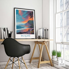 Big Island Hawaii Sunset Beach Art Print | Tropical Palm Tree Poster displayed in a modern home office setting.