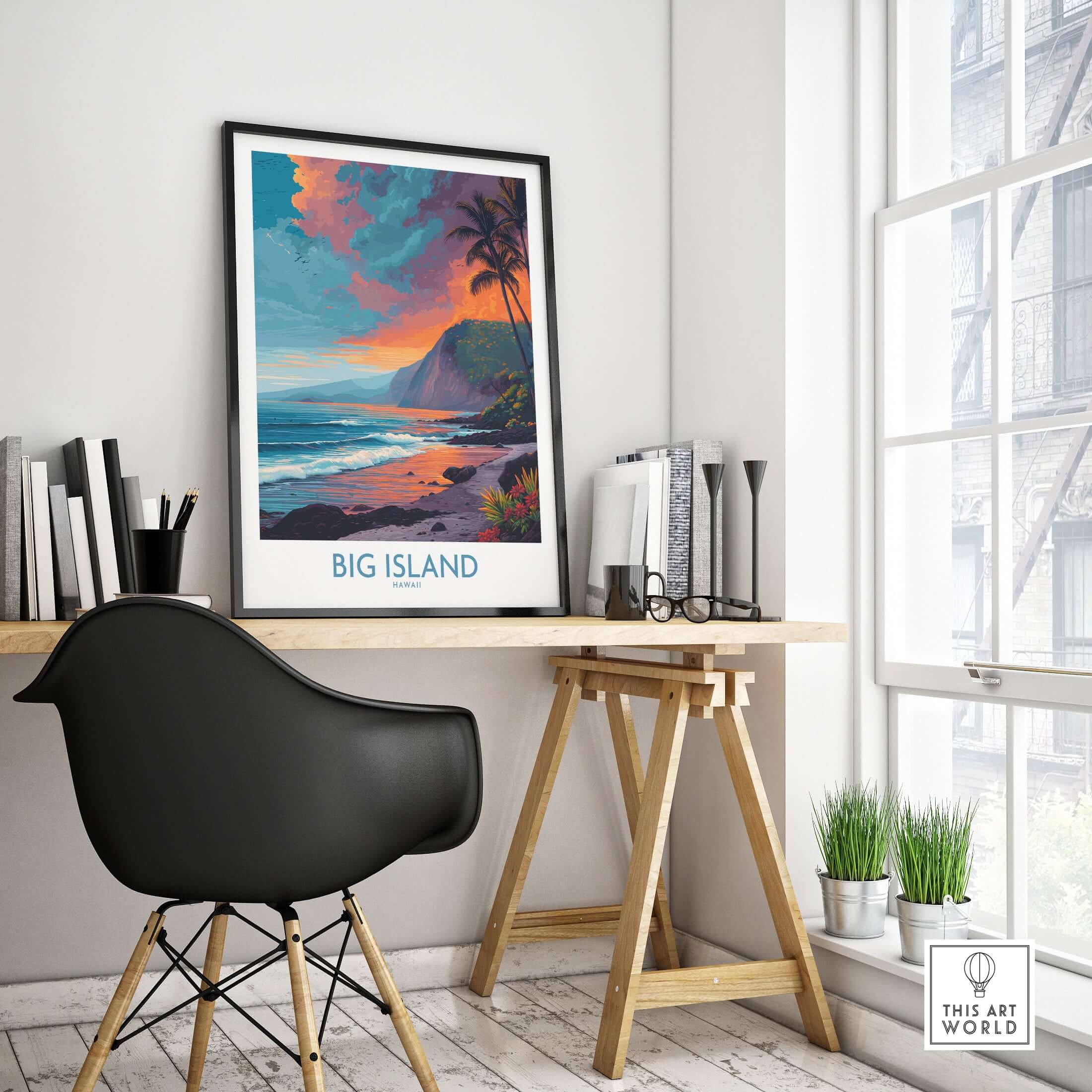 Big Island Hawaii Sunset Beach Art Print | Tropical Palm Tree Poster displayed in a modern home office setting.