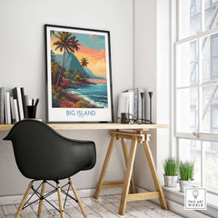 Big Island Hawaii Tropical Beach Art Print | Lush Green Coast Poster framed on a desk in a modern interior