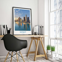 Detroit Michigan City Skyline Art Print | Renaissance Center Poster on desk with chair and plants, urban decor.