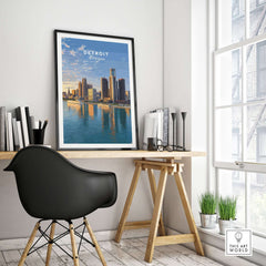 Detroit Riverfront Sunset View Print | Modern US City Wall Decor displayed in a stylish home office setting.
