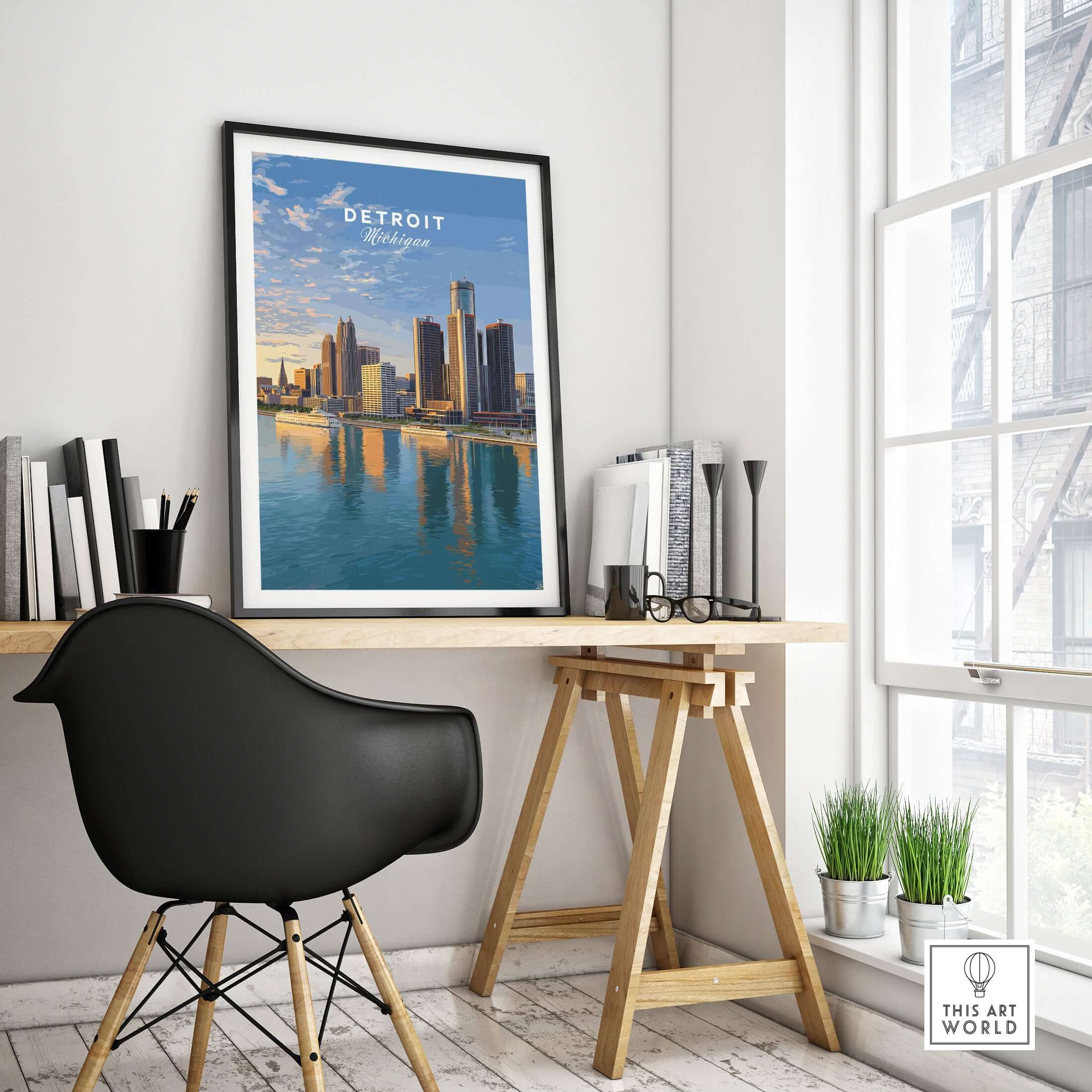 Detroit Riverfront Sunset View Print | Modern US City Wall Decor displayed in a stylish home office setting.