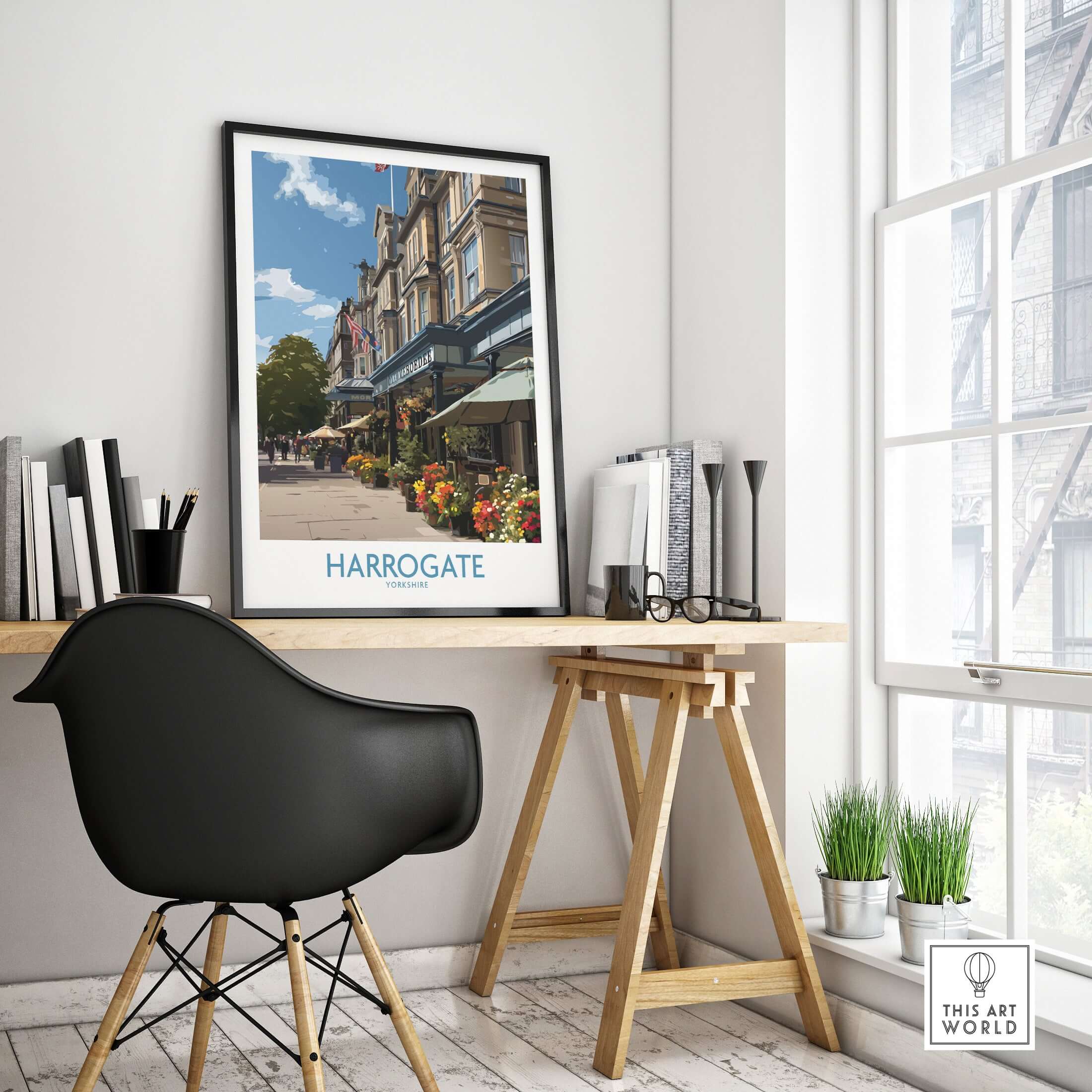 Harrogate Yorkshire Art Print | Floral Cafe Scene Poster displayed in a cozy home office setting.