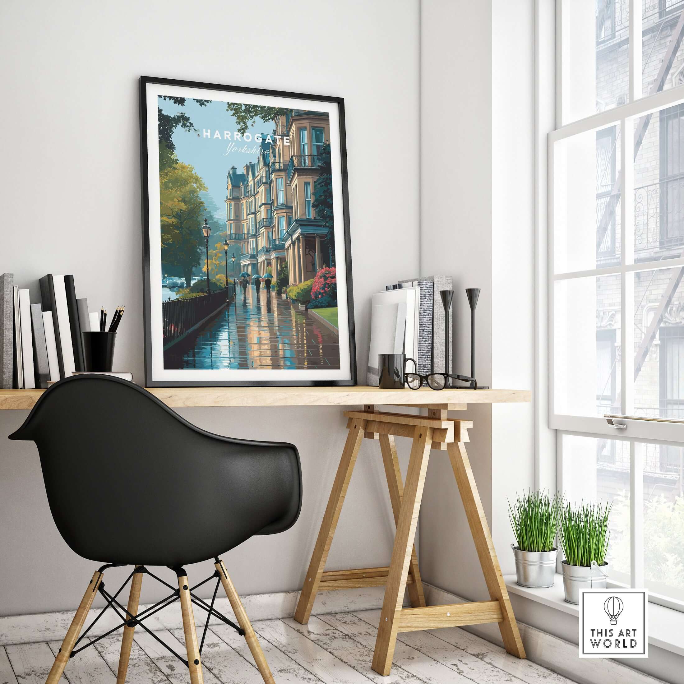 Harrogate Classic British Town Scene Print | English Architecture Wall Art displayed in an elegant workspace.