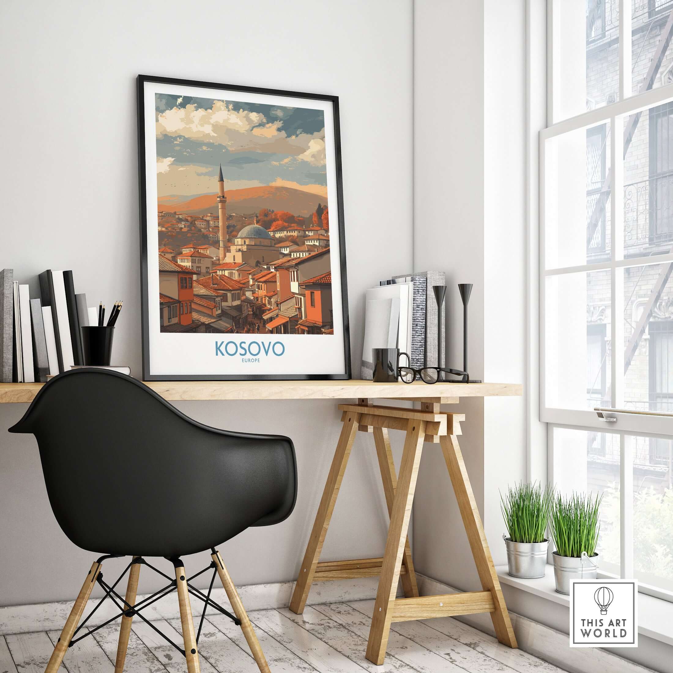 Kosovo Prizren Old Town Art Print | Historic Mosque View Poster displayed in a modern home office setting.