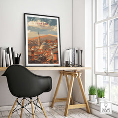 Kosovo Balkan City Rooftops Canvas Print | European Travel Wall Decor displayed in a modern workspace.