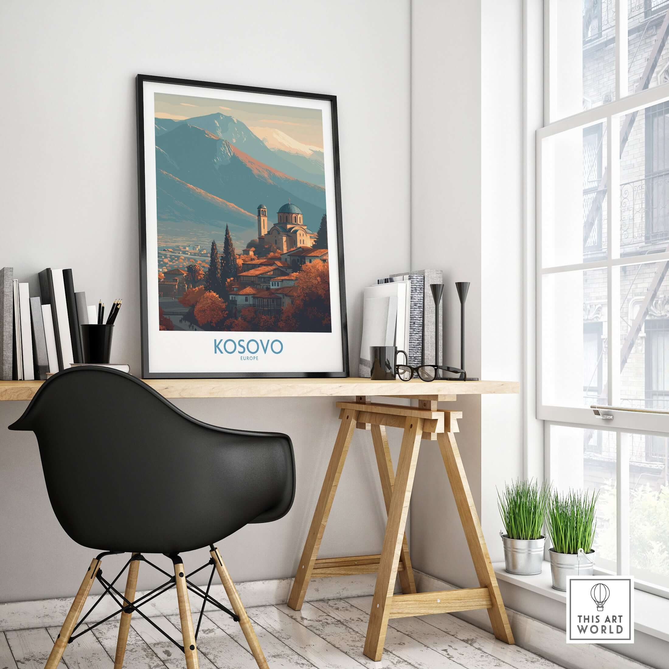 Kosovo Monastery and Mountains Art Print | Autumn Balkan Landscape Poster in modern interior setting with desk and chair.