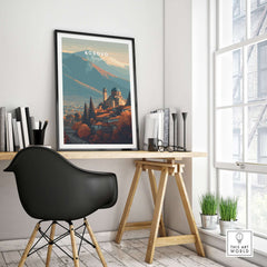 Kosovo Historic Church Hill View Canvas Print | European Wall Decor displayed in a modern workspace.