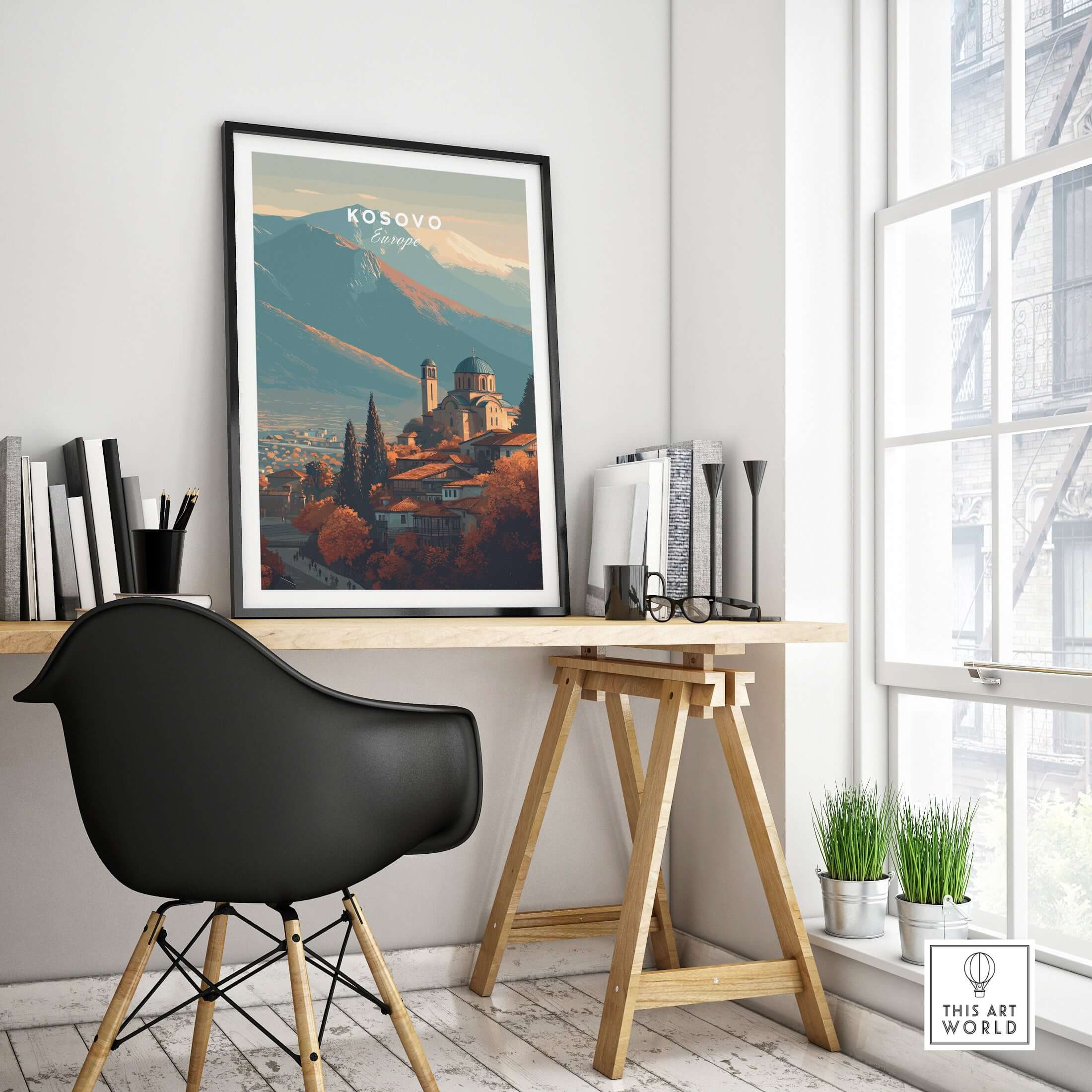 Kosovo Historic Church Hill View Canvas Print | European Wall Decor displayed in a modern workspace.