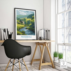 Nidderdale England Riverside Cottage Art Print | Yorkshire Valley Poster displayed in a cozy home office setting.