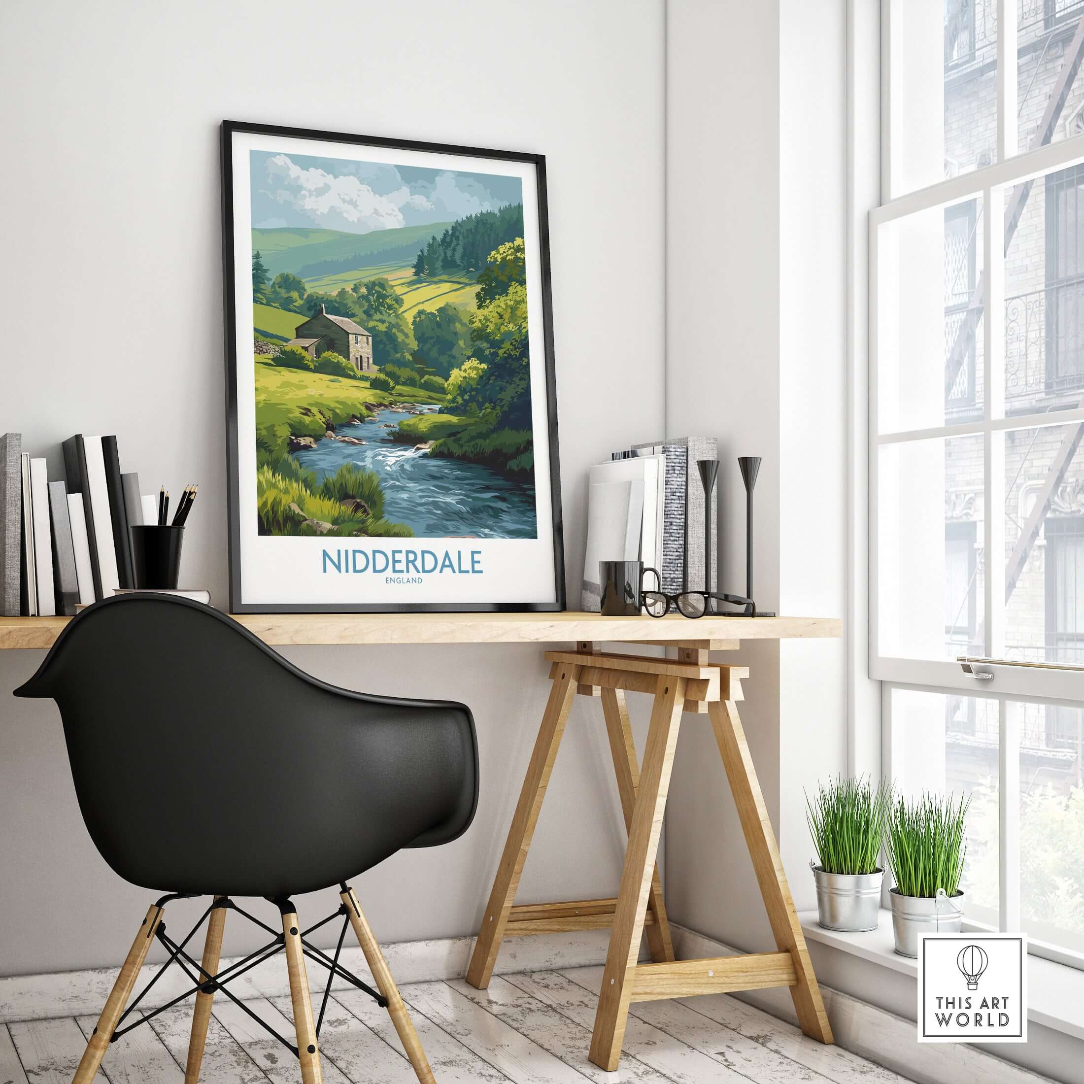 Nidderdale England Riverside Cottage Art Print | Yorkshire Valley Poster displayed in a cozy home office setting.