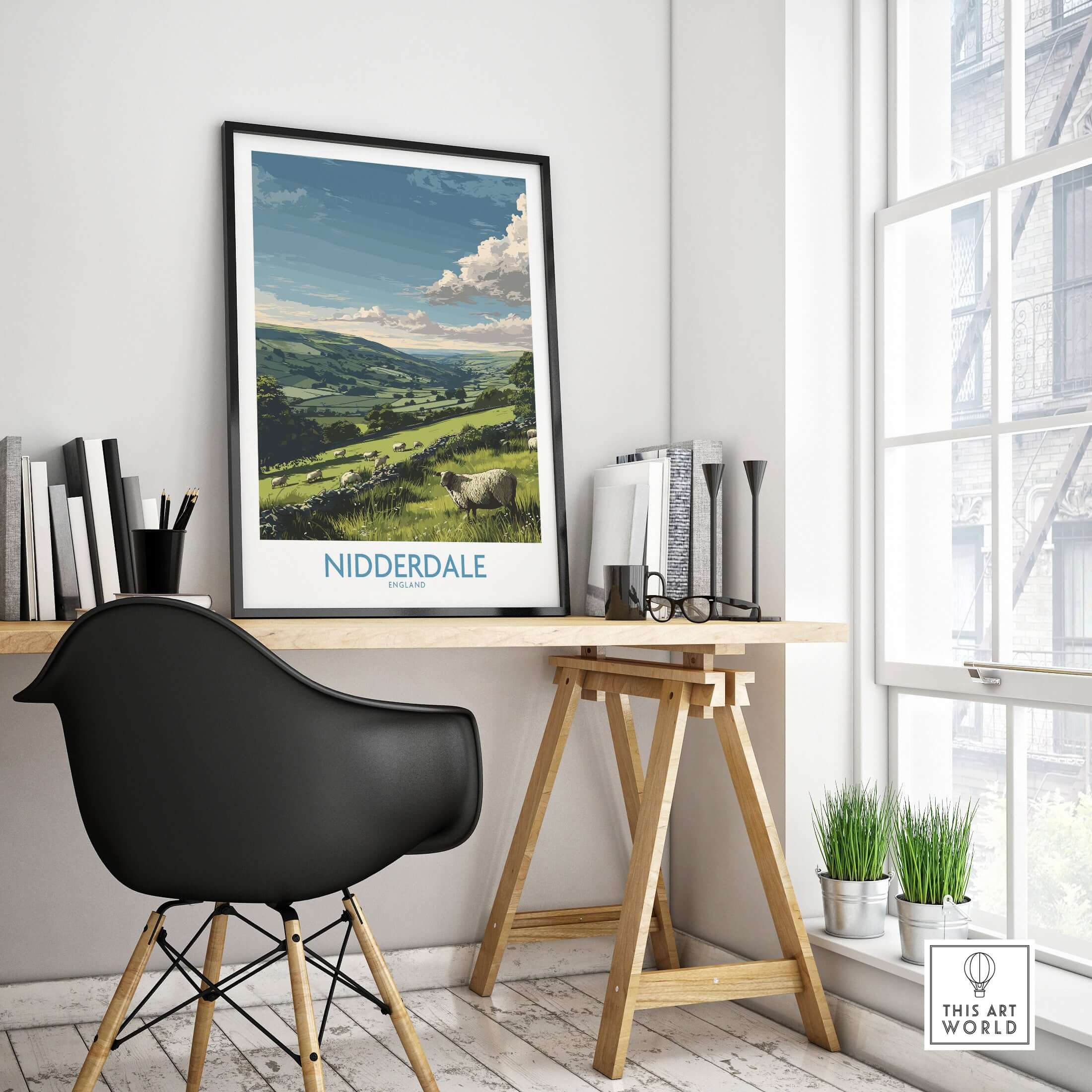 Nidderdale Art Print | Yorkshire Dales Sheep Poster displayed in a stylish workspace, highlighting the scenic beauty of Yorkshire.