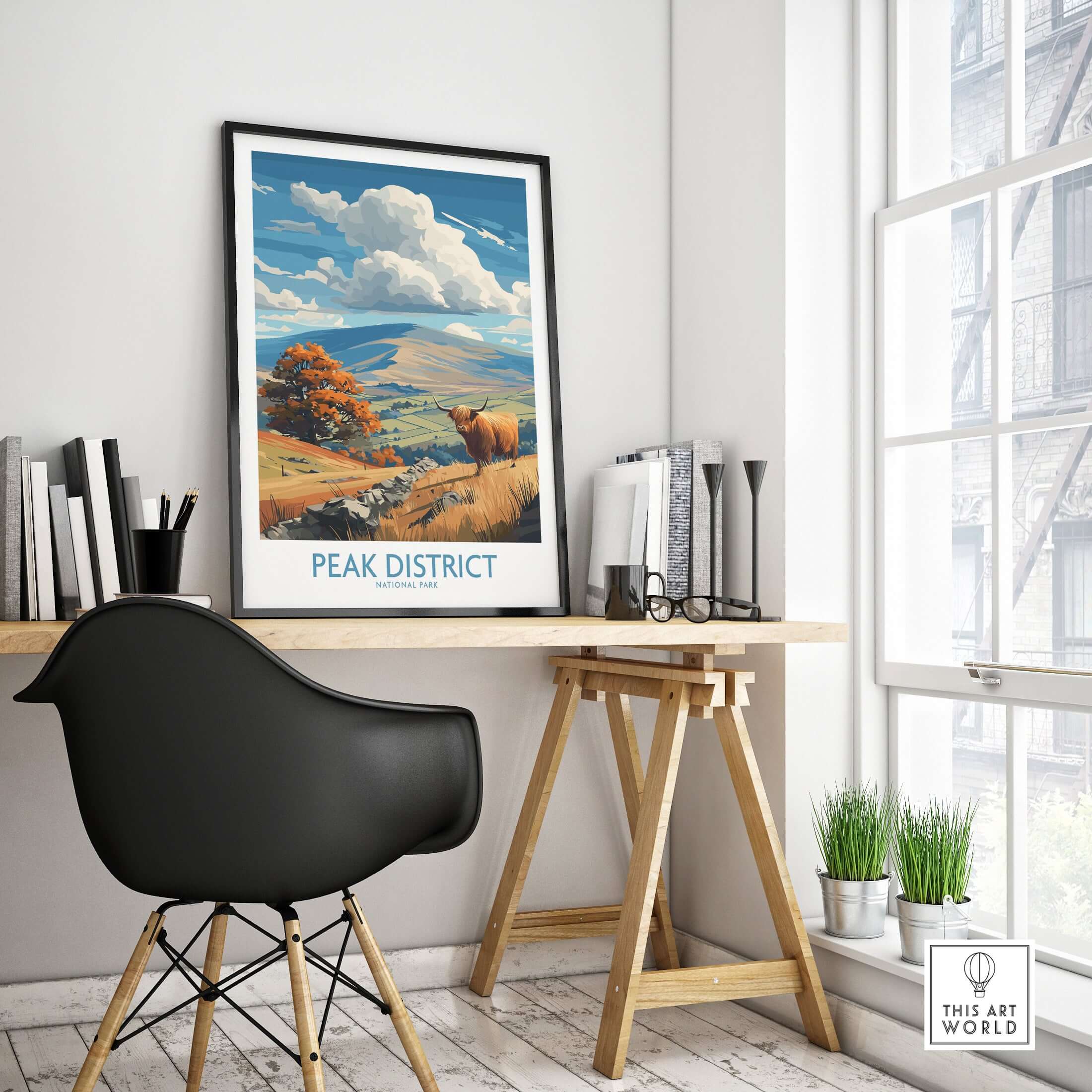 Peak District National Park Highland Cow Art Print | Derbyshire Landscape Poster displayed in a stylish interior.