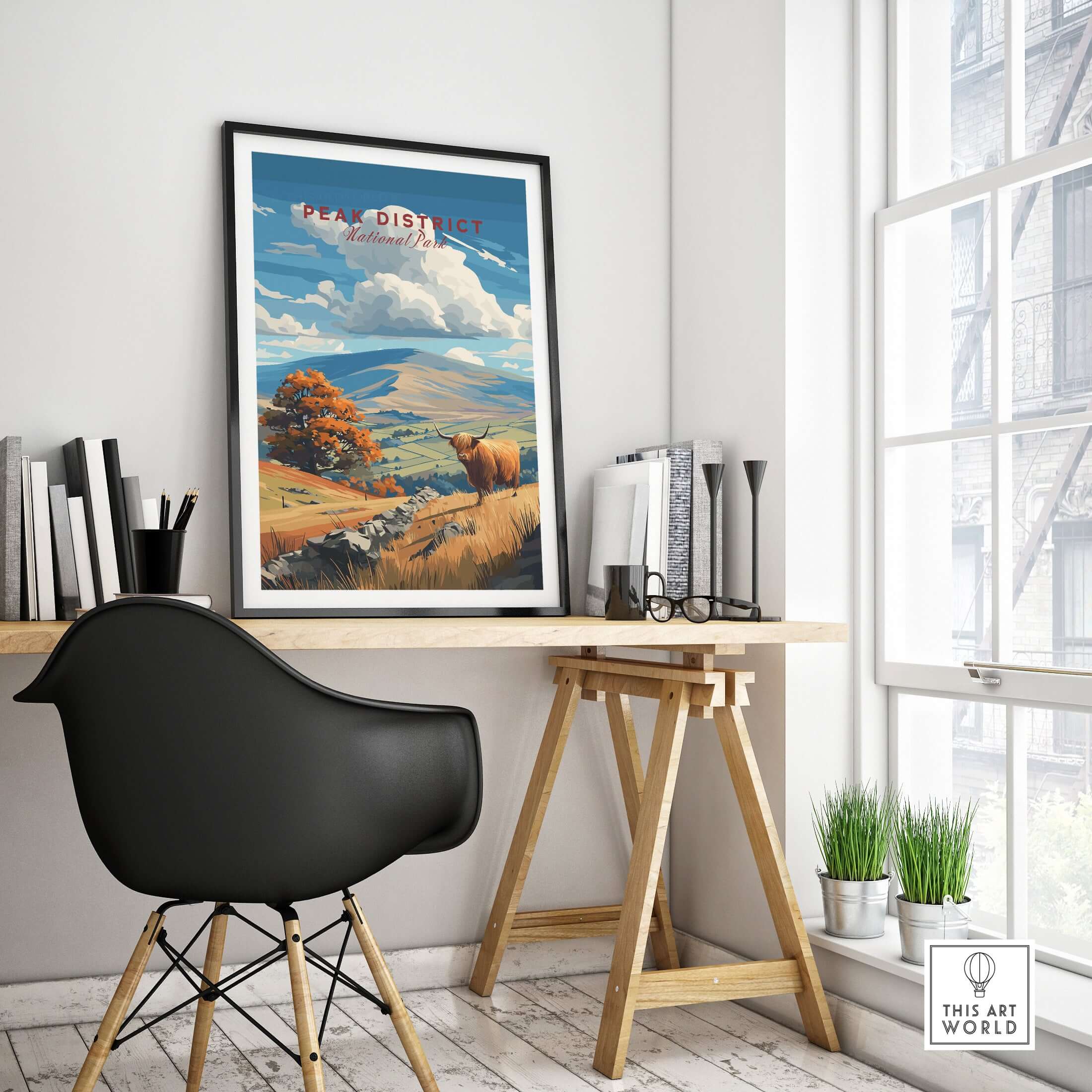 Peak District Mam Tor View Canvas Print | Autumn Landscape Wall Decor showcased in a modern home office setting.