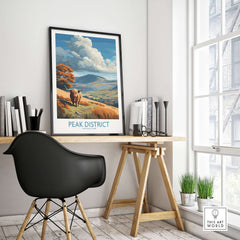 Peak District National Park Highland Cattle Art Print | Rolling Hills Poster displayed in a modern office setting.