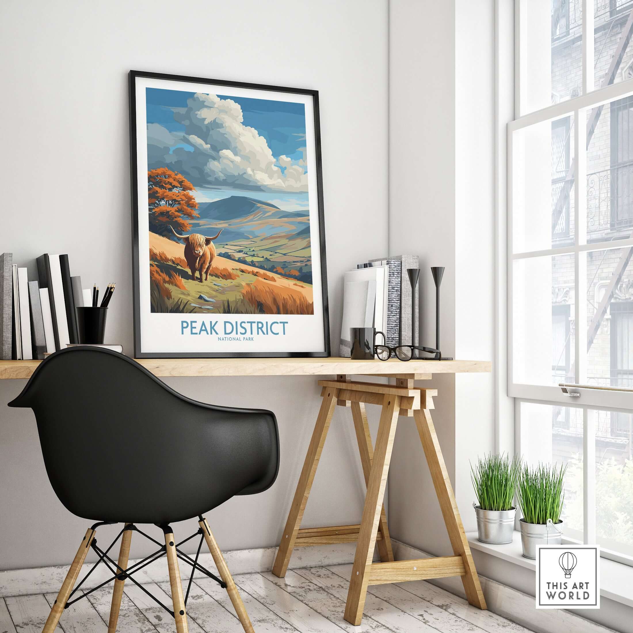 Peak District National Park Highland Cattle Art Print | Rolling Hills Poster displayed in a modern office setting.