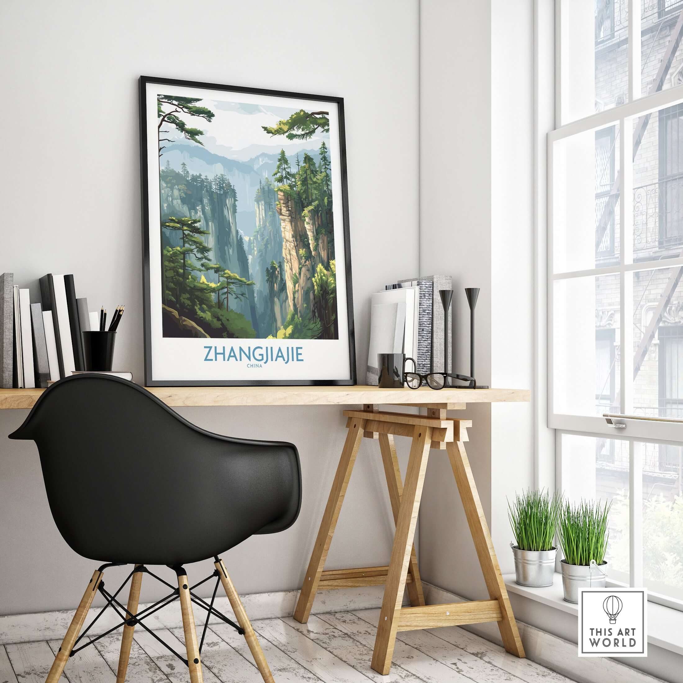 Zhangjiajie China Art Print | Misty Forest Canyon Poster displayed in a modern office setting.