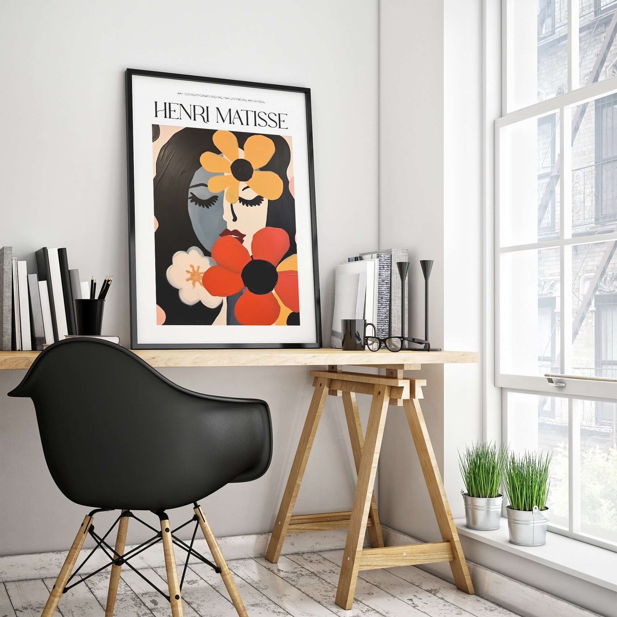 Matisse Art Prints - Woman with Flowers Abstract Art Print displayed in a modern workspace with vibrant colors.