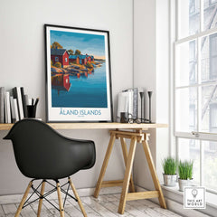 Åland Islands Art Print | Finland Archipelago Wall Decor Poster on a desk by a window with a modern chair.