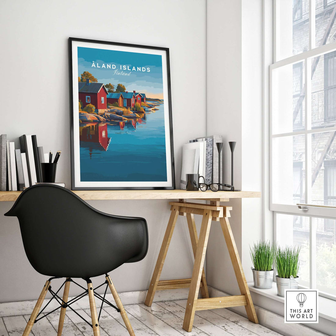 Åland Islands Print | Scandinavian Travel Home Art in a stylish home office setting with a black chair and natural lighting.