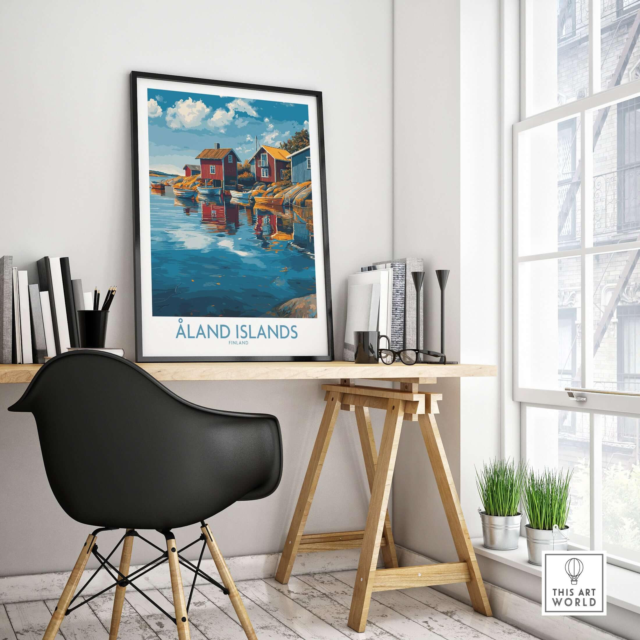 Åland Islands Finland Print | Nordic Coastal Village Poster displayed in a cozy study with wooden desk and chair.