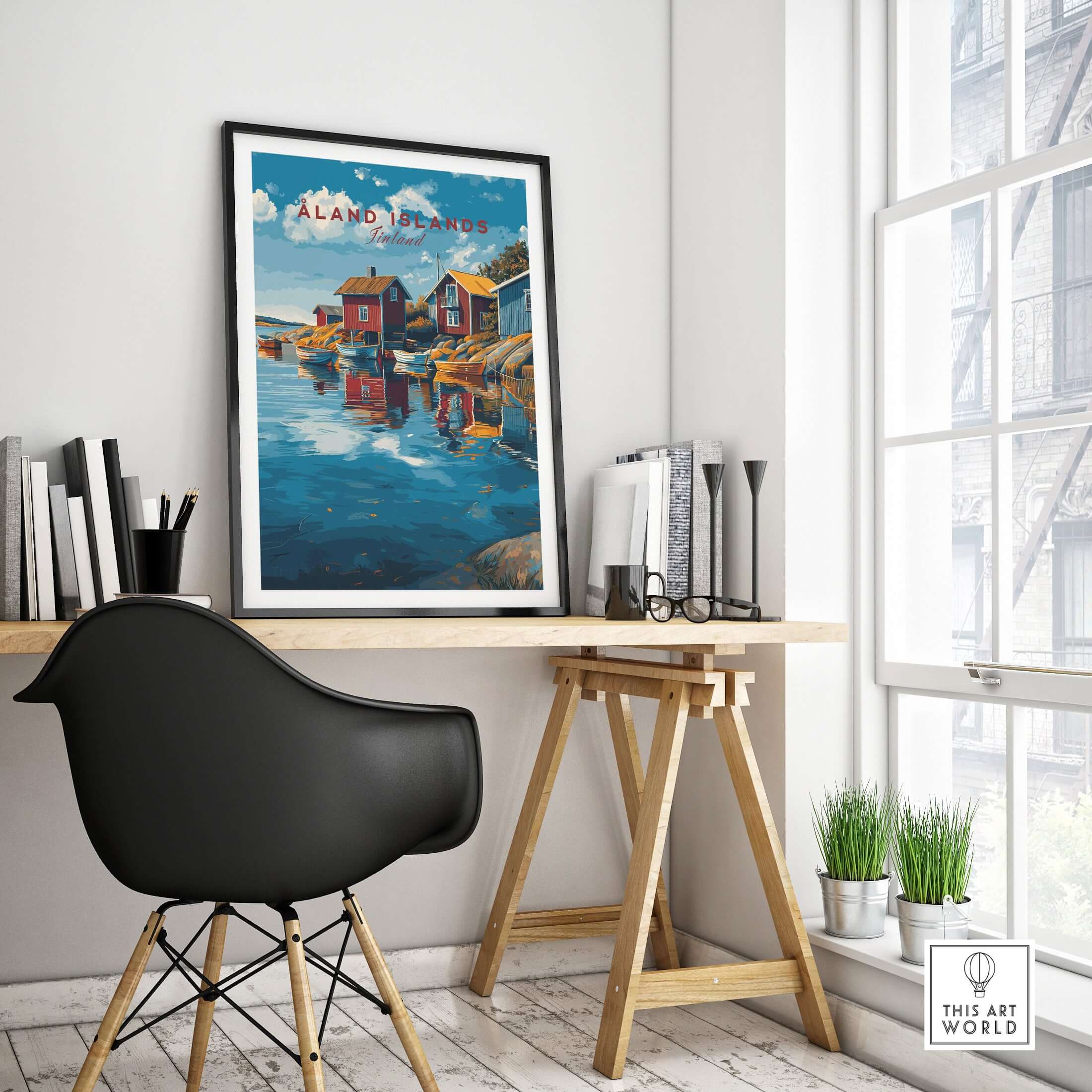 Åland Islands Poster | Scandinavian Sea Wall Decor displayed in a modern workspace with clean lines and natural light.