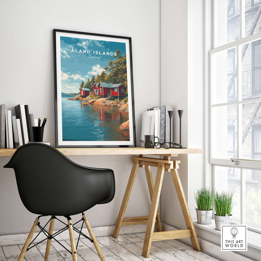Åland Islands Picturesque Nordic Huts Print | Scandinavian Travel Wall Decor displayed in a modern home office.