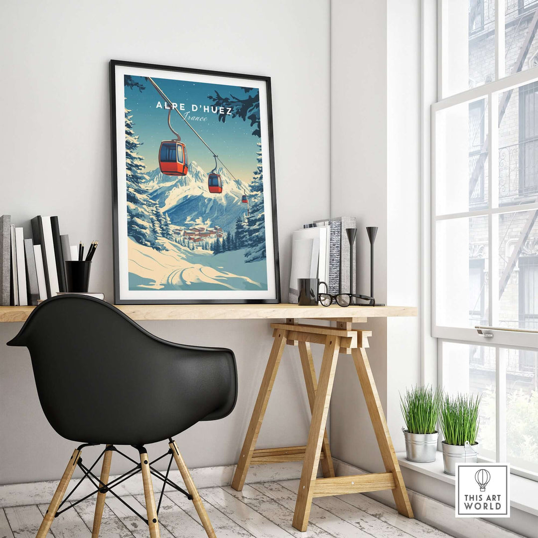 Alpe d'Huez print featuring a ski lift, displayed in a modern workspace with stylish decor.