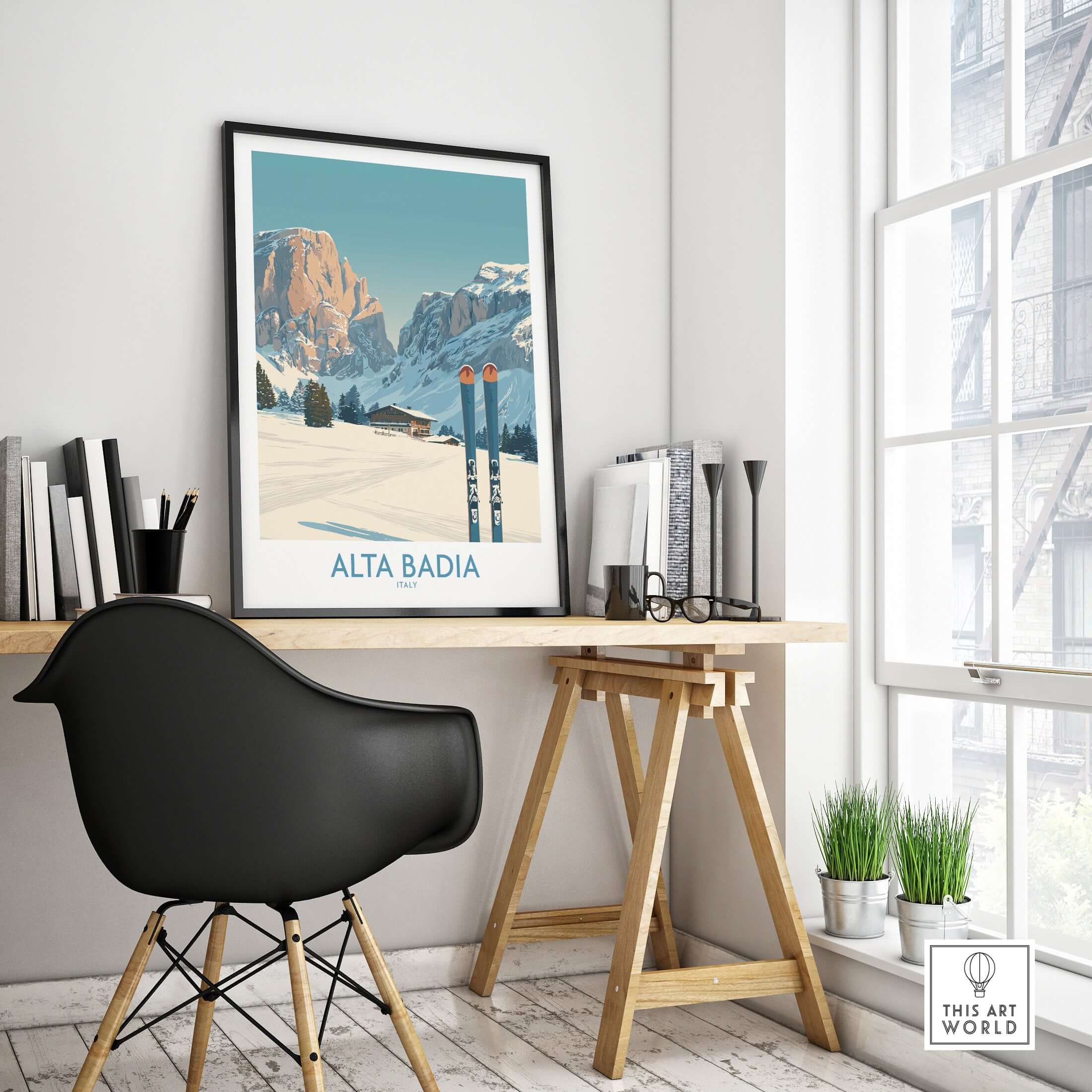 Alta Badia Italy Ski Wall Art showcasing the scenic Italian Alps, perfect for winter and travel decor.