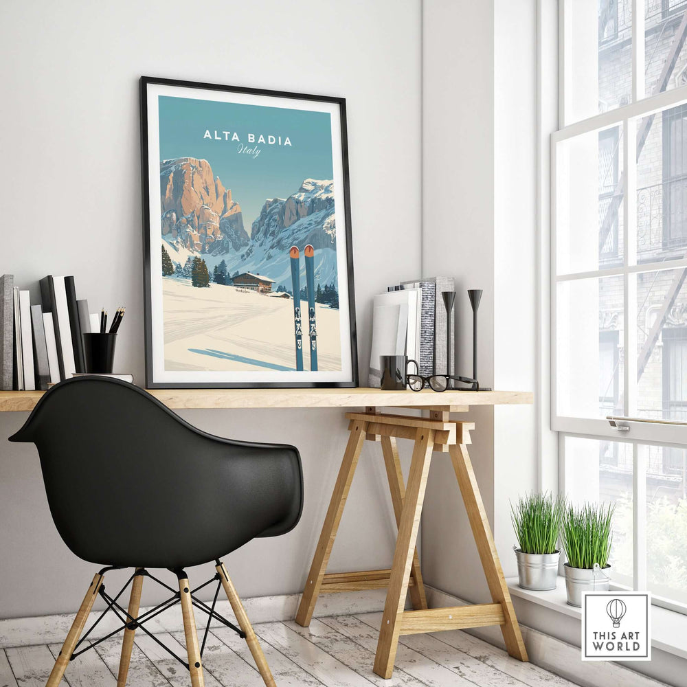 Alta Badia ski resort poster showcasing the Dolomites, perfect for winter and mountain decor in a modern workspace.