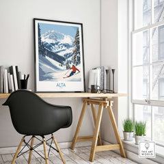 Alta Utah Skiing Adventure Print showcasing snowy slopes and mountains, perfect winter decor for ski enthusiasts.