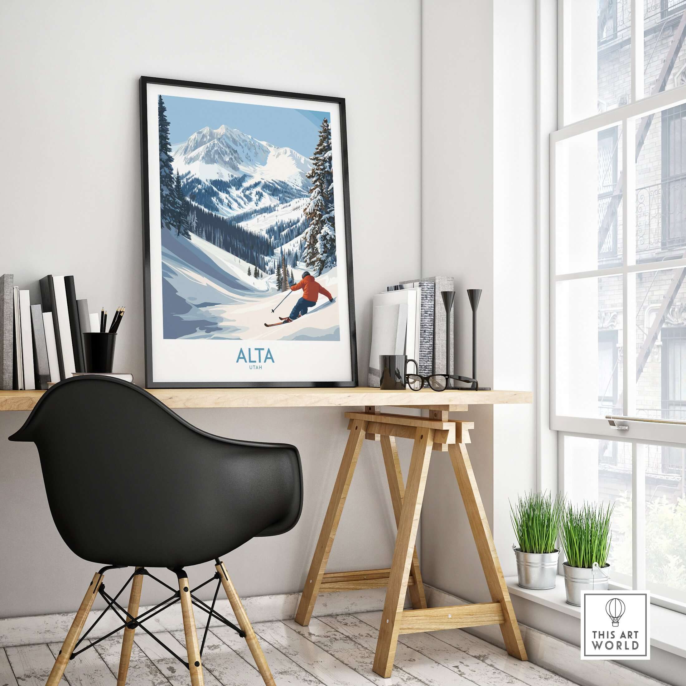 Alta Utah Skiing Adventure Print showcasing snowy slopes and mountains, perfect winter decor for ski enthusiasts.