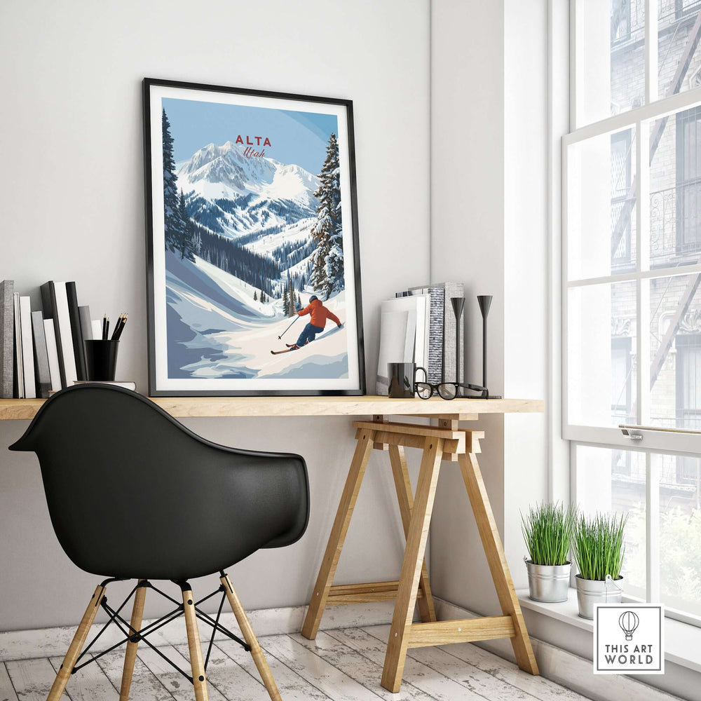 Alta Utah ski poster showcasing powder snow mountains, inspiring winter sports enthusiasts in a stylish home office.