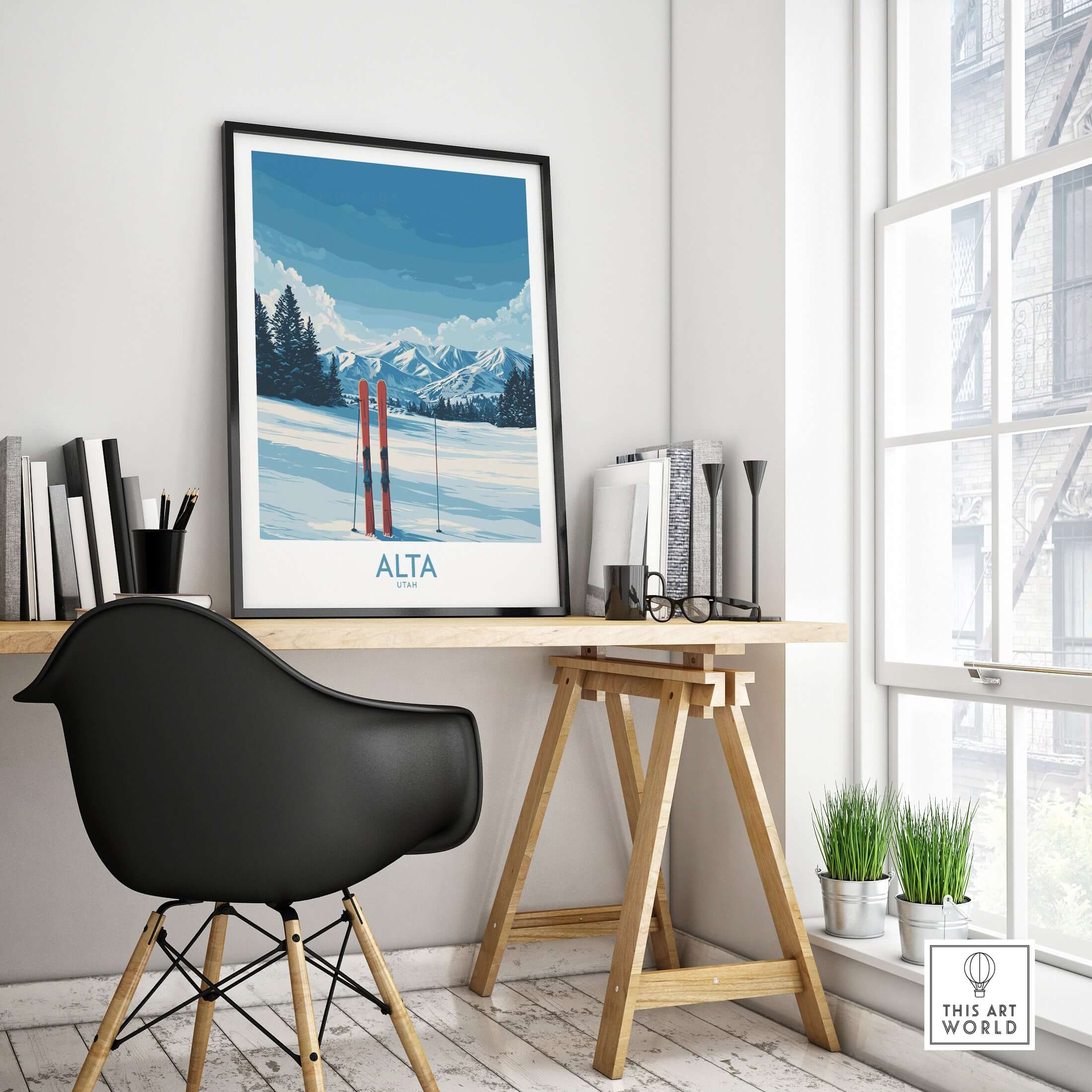 Alta Utah Winter Mountain Landscape Poster displayed in a modern office with desk and chair, showcasing skiing decor.