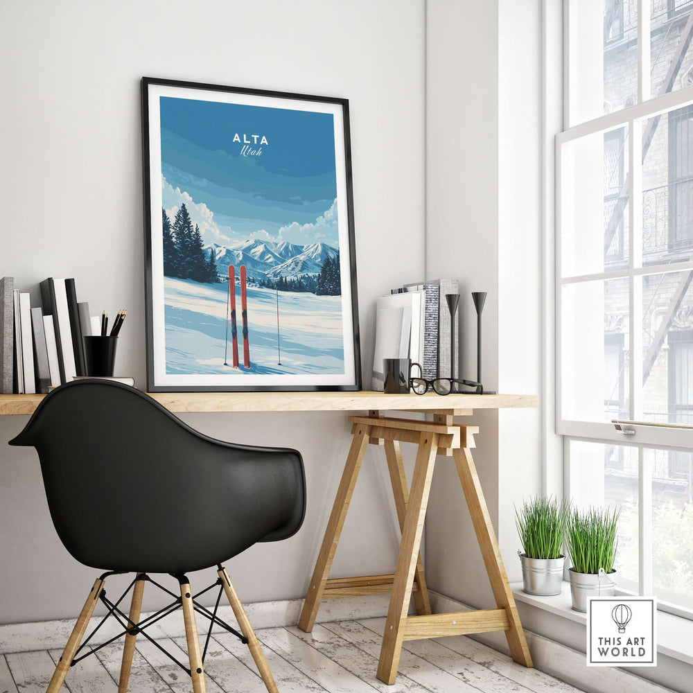 Framed Alta Utah skis wall art in a cozy office setting with a modern chair and natural light.