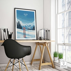 Framed Alta Utah skis wall art in a cozy office setting with a modern chair and natural light.