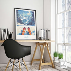 Alta Utah Ski Adventure Poster in a stylish workspace showcasing the stunning Wasatch Range.