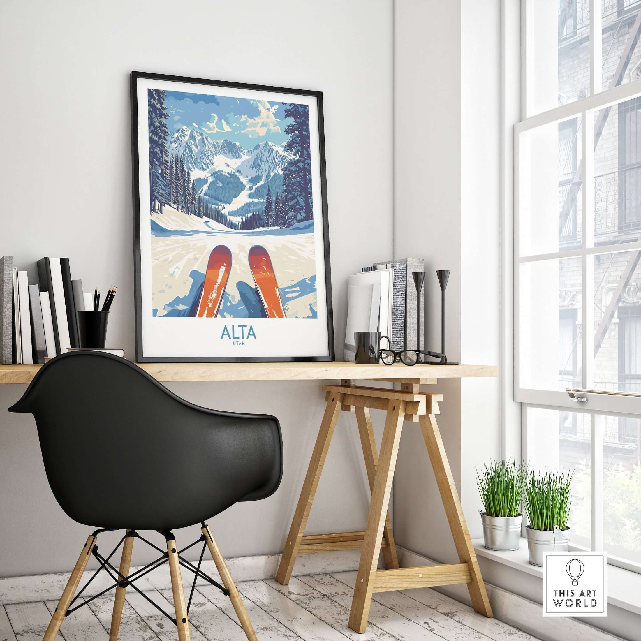 Alta Utah Ski Adventure Poster in a stylish workspace showcasing the stunning Wasatch Range.