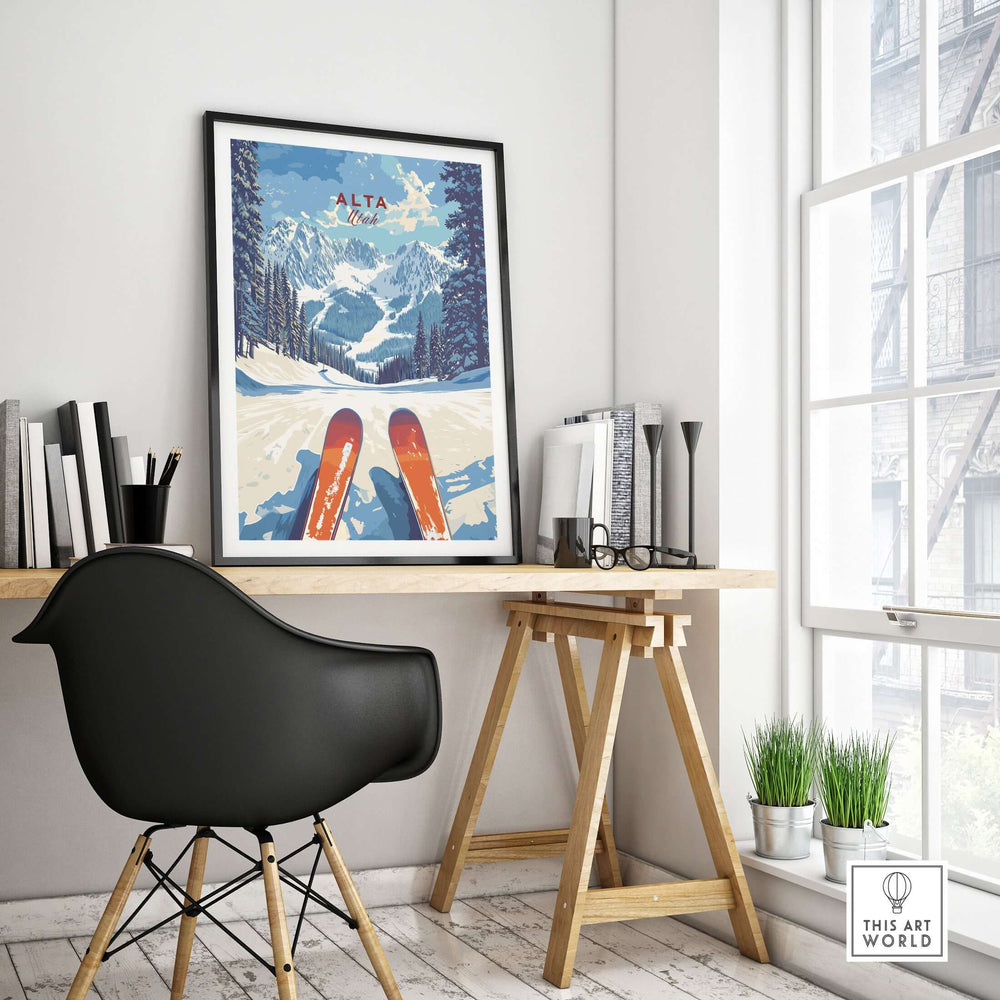 Alta Utah Ski View print displayed in modern office, showcasing scenic mountains and vibrant skiing design.