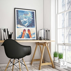 Alta Utah Ski View print displayed in modern office, showcasing scenic mountains and vibrant skiing design.