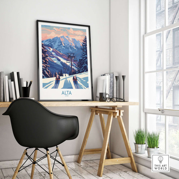 Alta Utah ski print on a desk, showcasing winter sports decor and mountain landscape in a stylish home office setting.