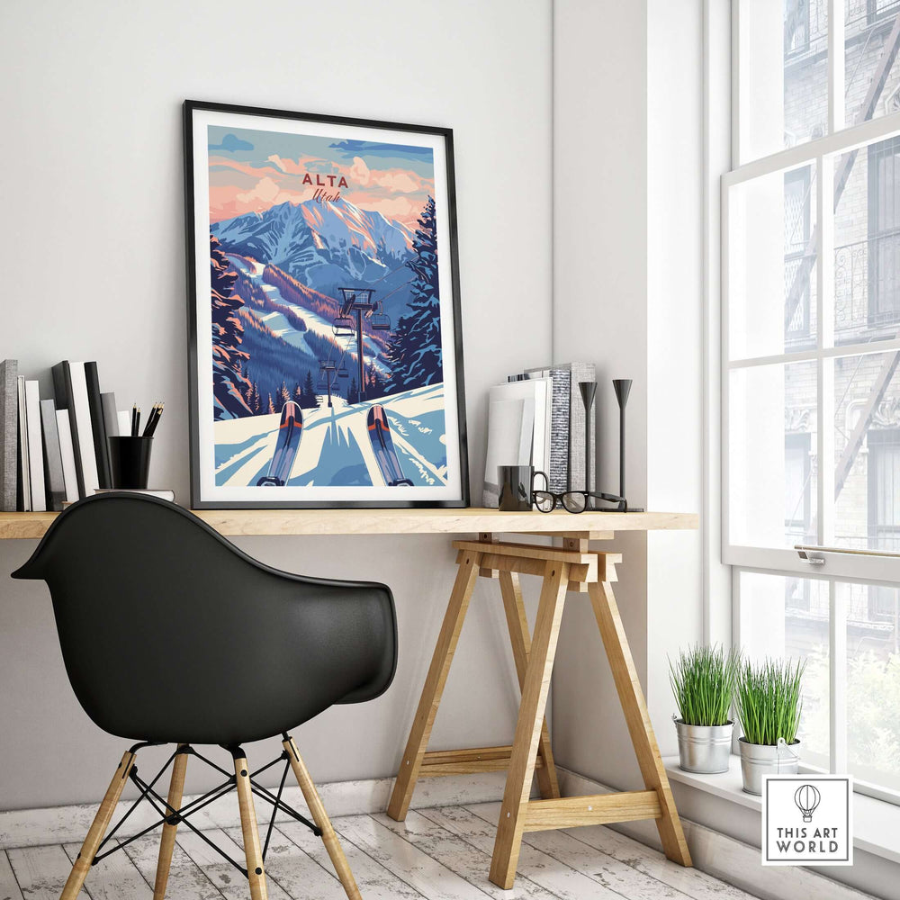 Alta Utah ski lift poster framed in a cozy home office, showcasing a dramatic sunset mountain view.