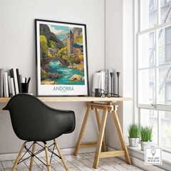 Andorra Art Print | Pyrenees Mountain Travel Poster displayed on a modern desk in a bright room.