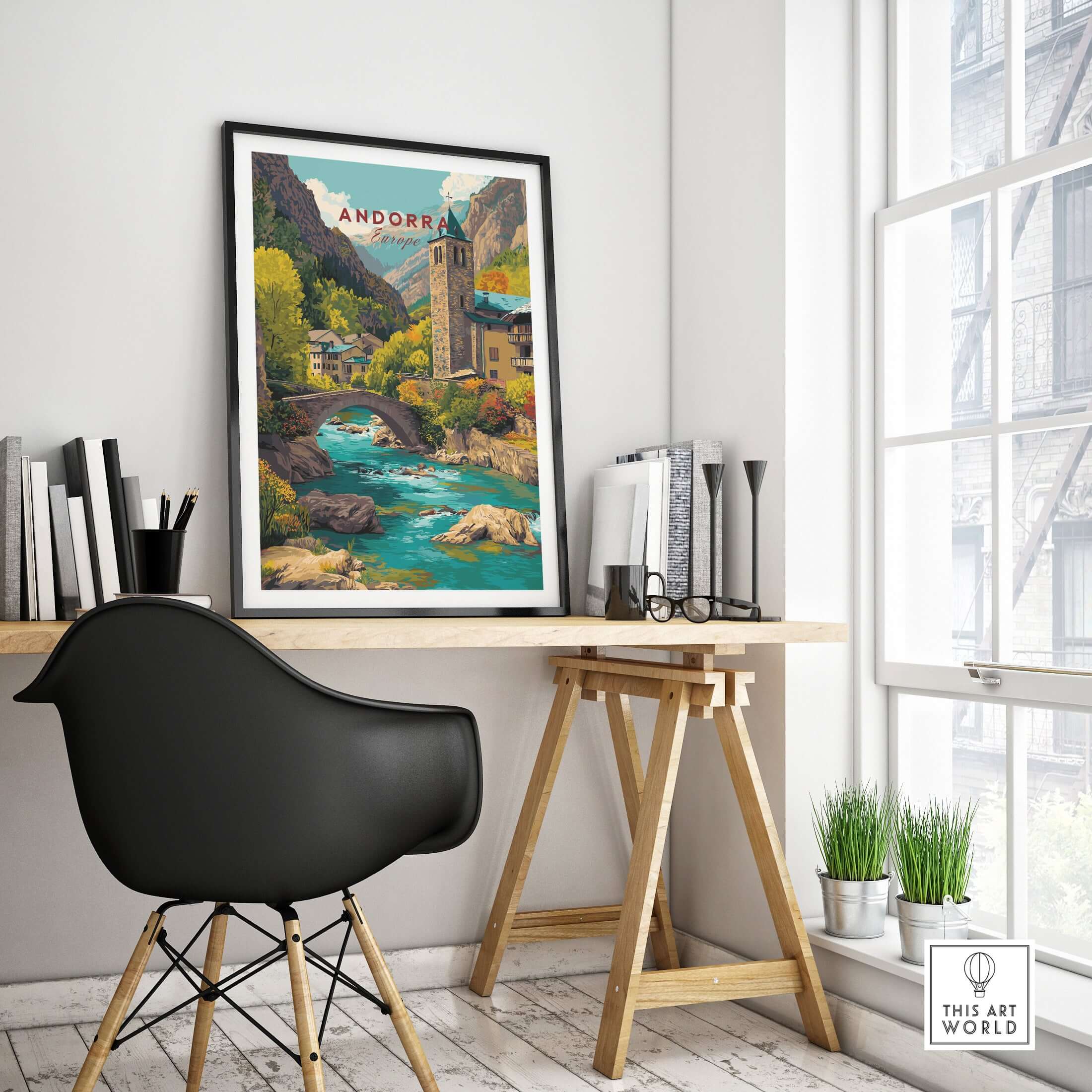Andorra Valira River Valley Village Print | European Mountain Wall Decor displayed in a modern home office setting.