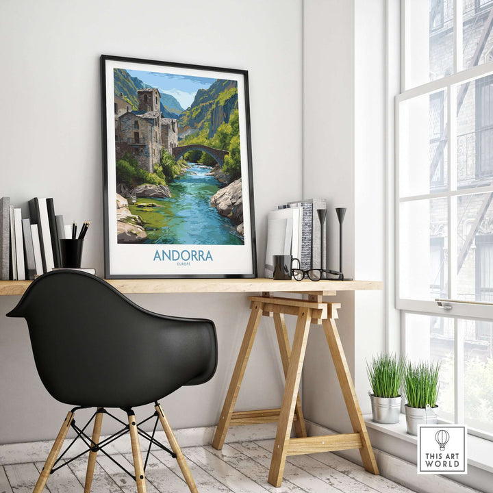 Andorra Old Town River Bridge Art Print | Pyrenees Architecture Poster displayed in a stylish workspace.