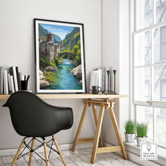 Andorra Poster | European Mountain Valley Decor displayed in a modern room with a desk and natural light.